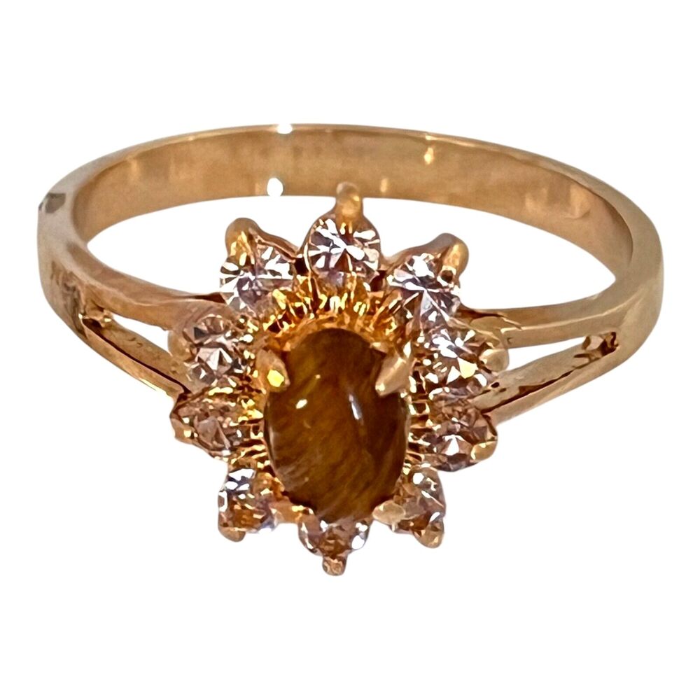 Vintage 1970s Tigers Eye Crystal Halo Ring 14K Gold Plate Size 8 - 6L